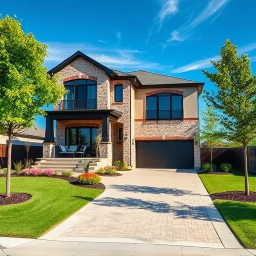 A two-story contemporary family home in North Cedar Hill TX features a stone facade, large windows, and vibrant landscaping.