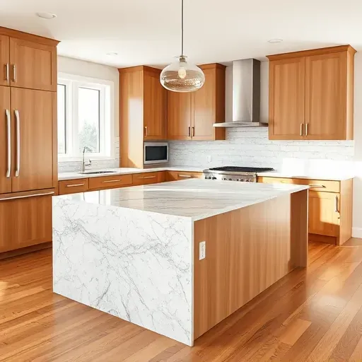 Newly installed high-end kitchen island with granite countertops, warm wood cabinetry, stainless steel appliances, and elegant lighting in Arlington TX