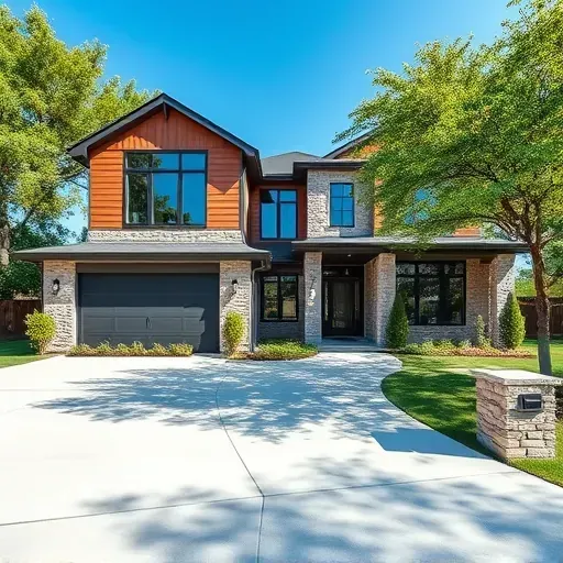 Newly built modern home in East Arlington TX featuring stone wood siding energy-efficient windows and landscaped driveway.