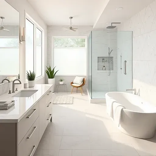 Renovated bathroom in Central Midlothian with marble countertops, glass shower, soaking tub, and elegant decor.