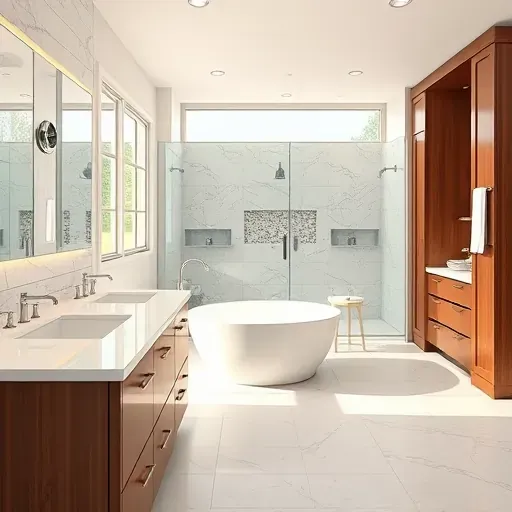 Completed modern bathroom in Arlington TX with marble countertops, soaking tub, sleek fixtures, glass shower, and elegant wood cabinets