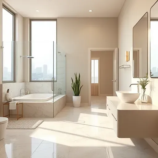 Remodeled North Arlington bathroom with modern fixtures, frameless shower, marble tub, sleek vanity, and soft lighting