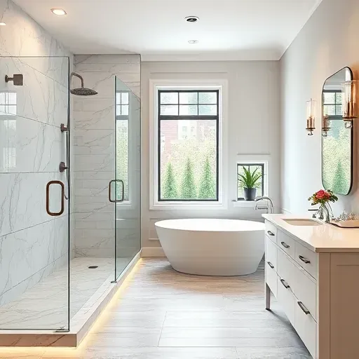 Remodeled Central Cedar Hill TX bathroom with modern fixtures, marble countertops, walk-in shower, and freestanding tub