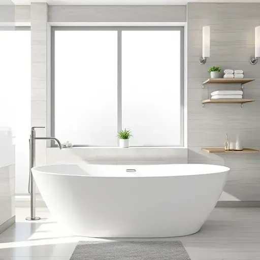 Modern white freestanding bathtub installed in a bright Arlington TX bathroom with neutral tiles and luxurious fixtures