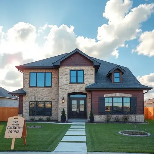 Completed modern residential home in East Midlothian TX with stone and wood siding, lush landscaping, and large windows.