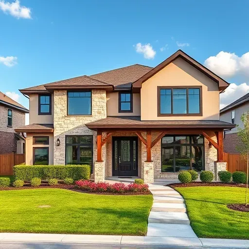 Modern residential home in Euless TX with stone and wood facade, large windows, elegant porch, and vibrant landscaping.