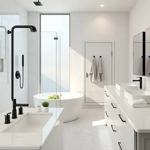 Remodeled Crandall Texas bathroom with black fixtures, walk-in glass shower, marble countertops, soaking tub, and natural light