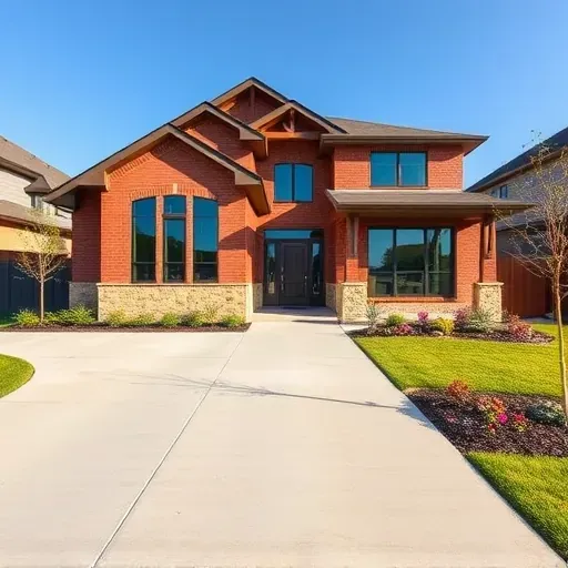 Completed residential project in Arlington TX showcases modern brick and wood design with lush landscaping and energy-efficient windows.