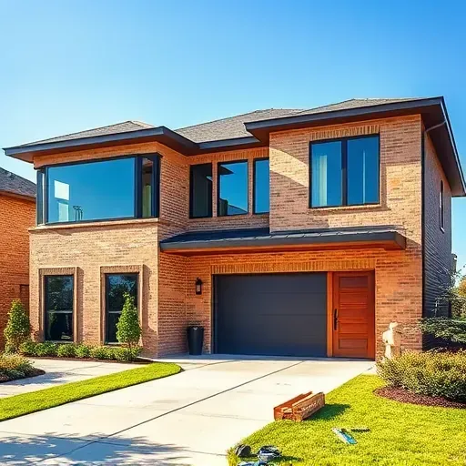 Modern home in Cedar Hill TX with warm brick, large windows, landscaped greenery, and stylish entrance door.