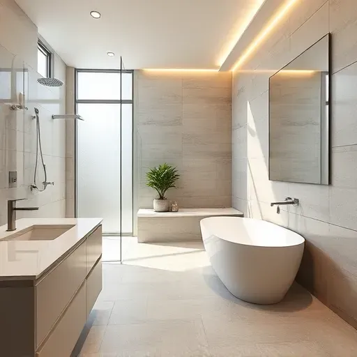 Renovated West Euless TX bathroom with glass walk-in shower, quartz countertops, freestanding tub, modern fixtures, and elegant ceramic tiles