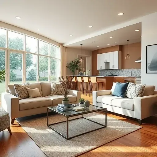 Beautiful renovated Arlington TX living room with sleek furniture, large windows, hardwood floors, and modern open kitchen