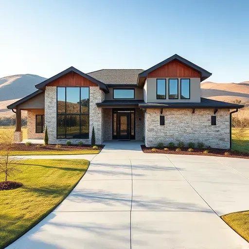 Completed modern home in West Midlothian TX with sleek design, stone and wood exterior, and beautiful landscaping.