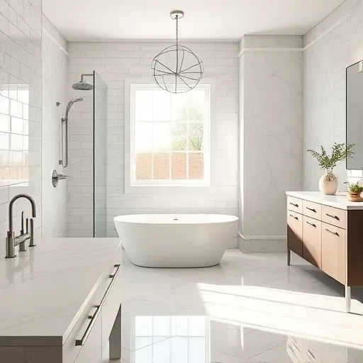 Beautiful remodeled bathroom in Central Euless TX with soaking tub, marble countertops, subway tiles, and modern fixtures