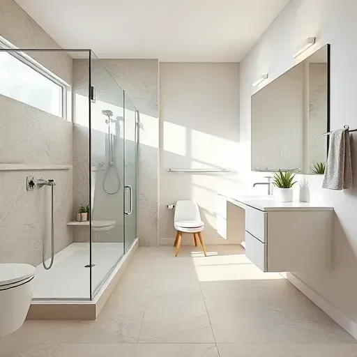 Renovated West Mansfield TX bathroom with modern fixtures, glass shower, floating vanity, neutral tones, natural light, and sleek design