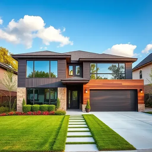 Completed modern home in South Midlothian TX, featuring dark wood, large windows, landscaped yard, and clear blue sky.