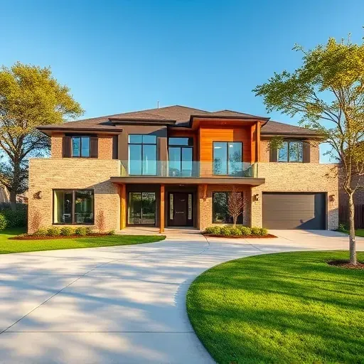 Completed modern home in North Midlothian TX with sleek design, energy-efficient windows, and textured materials.