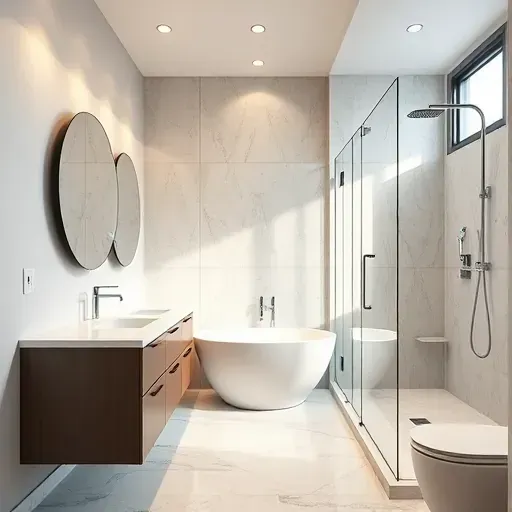 Luxurious renovated bathroom in West Mansfield TX with modern fixtures, marble tiles, walk-in shower, and elegant lighting