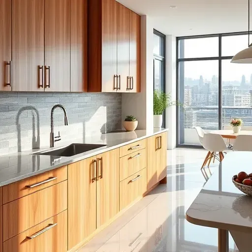 Renovated Arlington TX kitchen with sleek wood cabinets, glossy finishes, polished granite countertops, and modern hardware