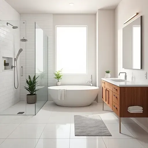 Remodeled modern bathroom in Crandall TX with walk-in glass shower, soaking tub, marble countertop vanity, and neutral decor