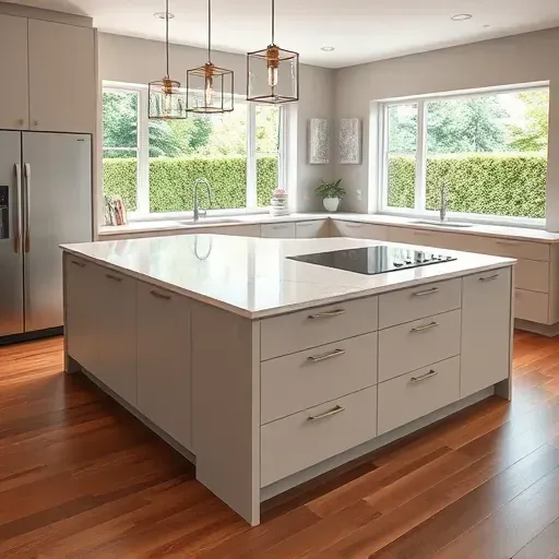 Recently installed modern kitchen island in Arlington TX with marble countertop, matte cabinets, modern appliances, and warm hardwood flooring