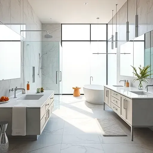 Renovated South Grand Prairie bathroom with modern fixtures, walk-in shower, soaking tub, marble vanity, natural light, and elegant decor