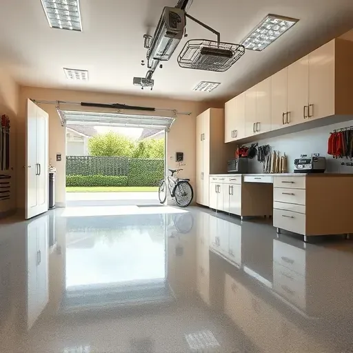Spacious Arlington garage with polished epoxy floors, custom cabinets, organized tools, modern workbench, and bright lighting