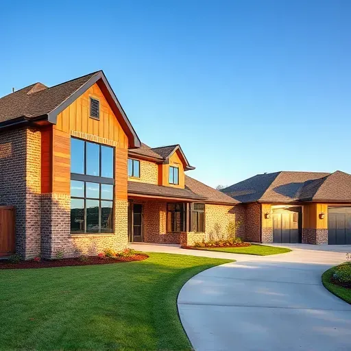 Modern residential home in West Grand Prairie TX featuring brick and wood siding, large windows, and a manicured lawn.