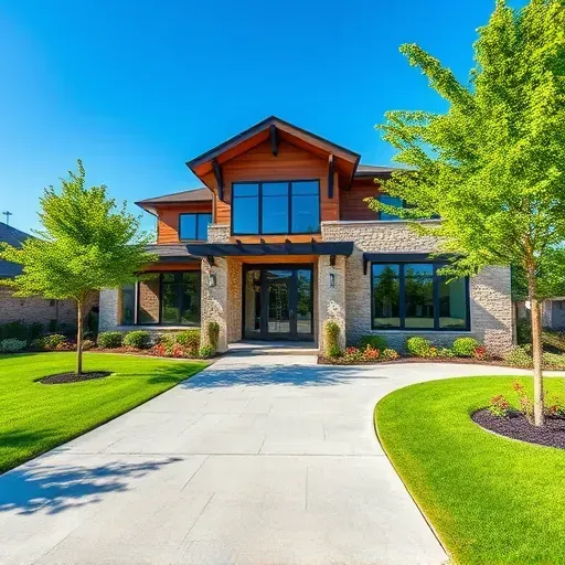 Completed modern home in Euless TX featuring natural stone, wood accents, a manicured lawn, and vibrant landscaping.
