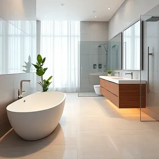 Renovated East Grand Prairie bathroom with modern design, soaking tub, dual vanity, frameless shower, greenery, and natural light