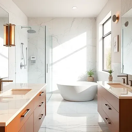 Renovated Euless Texas bathroom with marble countertops glass shower freestanding tub neutral tiles modern design