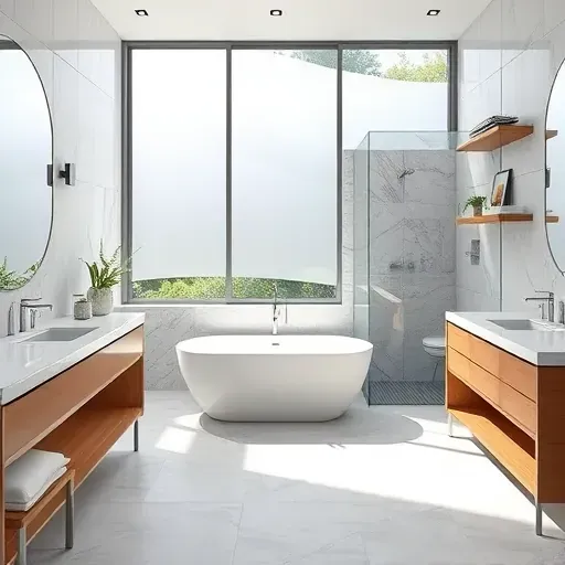 Beautiful renovated Viridian Texas bathroom with modern fixtures, freestanding tub, glass shower, marble countertops, and natural light