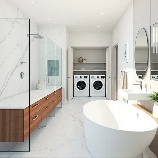 Remodeled North Arlington bathroom with walk-in shower, marble tiles, freestanding tub, floating vanities, and organized laundry area