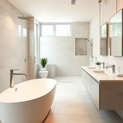 Renovated bathroom in West Mansfield TX features modern fixtures, freestanding tub, walk-in shower, and elegant decor.