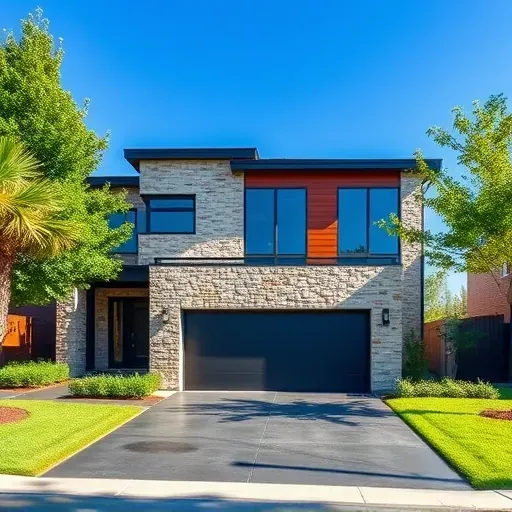Modern residential home in West Arlington TX with stone and wood accents surrounded by lush greenery and blue skies.