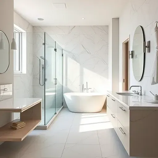 Recently remodeled South Mansfield TX bathroom with walk-in shower, freestanding tub, marble countertops, and stylish tiling