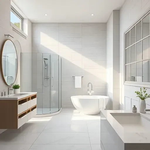 Renovated North Cedar Hill TX bathroom with modern fixtures, walk-in shower, freestanding tub, marble countertops, neutral tones and natural light