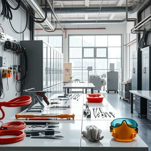 Organized electrical workshop in Arlington TX with tools wires electrical panels and safety gear in a bright clean workspace