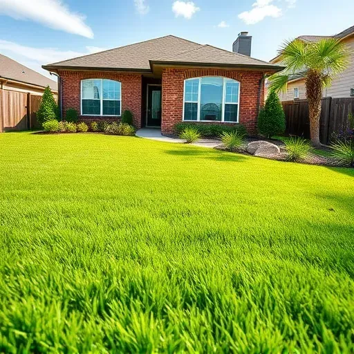 Freshly installed lush green sod lawn in Arlington TX backyard with detailed grass blades, dewdrops, and a modern house backdrop