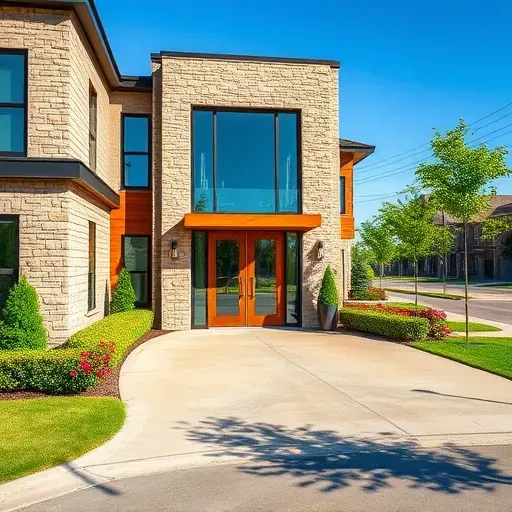 Modern residential building in North Euless TX, featuring stone and wood blend, elegant landscaping, and bright glass windows.