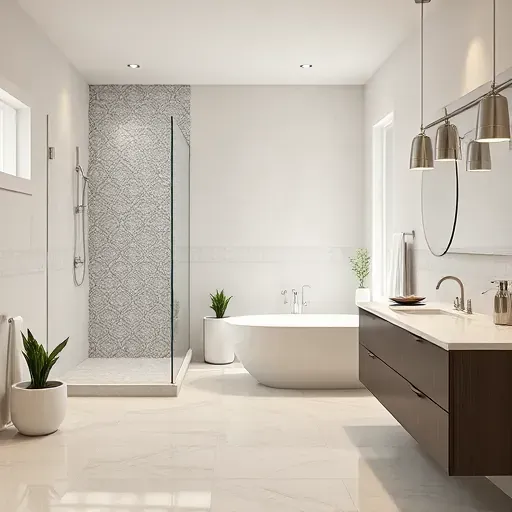 Beautiful remodeled East Midlothian TX bathroom with modern fixtures, frameless shower, freestanding tub, marble vanity, and minimalist decor