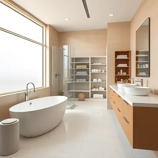 Modern bathroom remodel in North Grand Prairie TX with a freestanding tub, glass shower, quartz vanity, neutral tones, and natural light