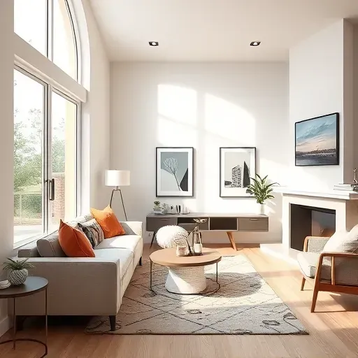 Freshly painted modern living room in Arlington TX with smooth textured walls, natural light, stylish decor, and quality craftsmanship