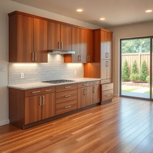 Recently installed modern wooden kitchen cabinets with granite countertops, bright lighting, and hardwood flooring in Arlington TX