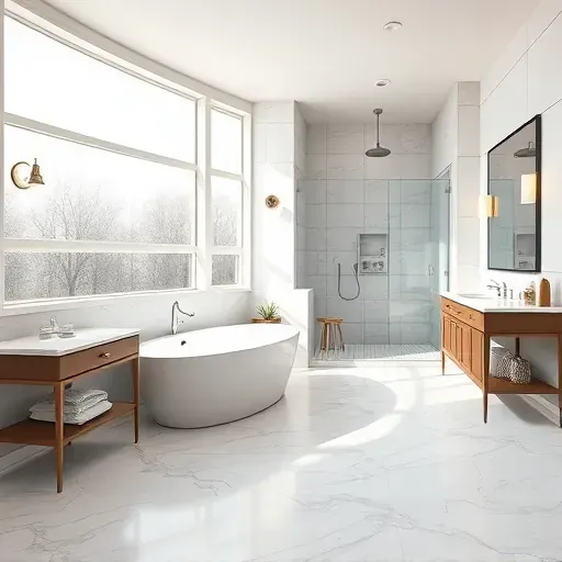 Renovated modern bathroom in West Cedar Hill TX with freestanding tub marble countertops walk-in shower and soothing natural light