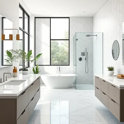 Luxurious bathroom remodel in Woodland West TX features modern design, marble countertops, and spacious walk-in shower.
