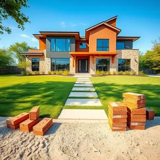 Modern home in Mansfield TX with large windows, stone and wood accents, manicured lawn, and artistic construction materials.
