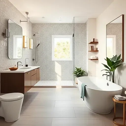 Renovated Euless Texas bathroom with modern fixtures, glass shower, freestanding tub, stylish vanity, and lush greenery