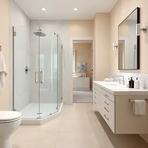 Remodeled North Euless TX bathroom with marble countertops modern fixtures walk-in shower and elegant decor