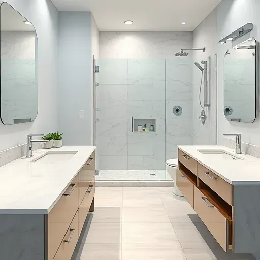 Freshly renovated Woodland West Texas bathroom with marble countertops, glass shower, modern fixtures, and calming blue walls