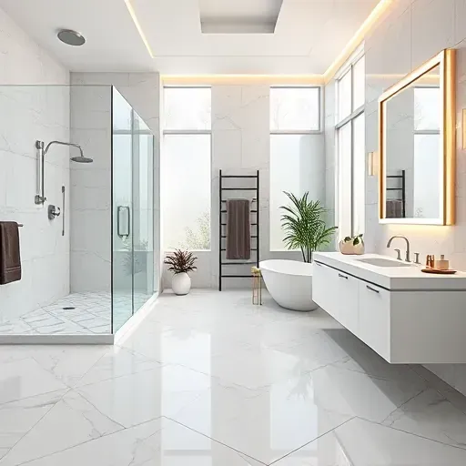 Luxurious modern bathroom in East Grand Prairie TX with glass shower, soaking tub, sleek vanity, marble floors, and soft lighting